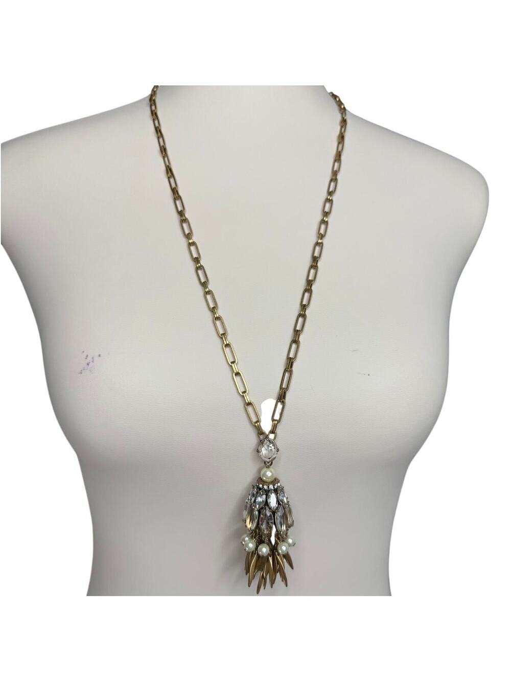 J. Crew Crystal Pearl Tassel Pendant Necklace Antique Gold Statement Jewelry